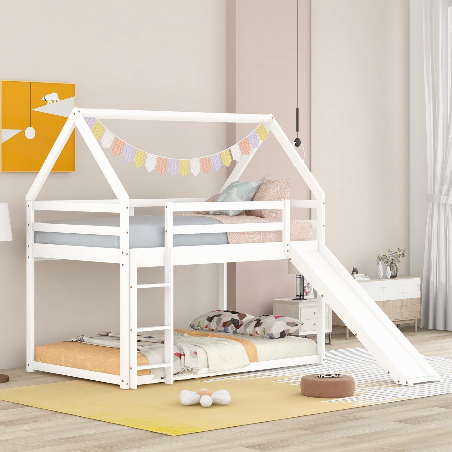 Low House Bunk Bed with Bookshelf Storage