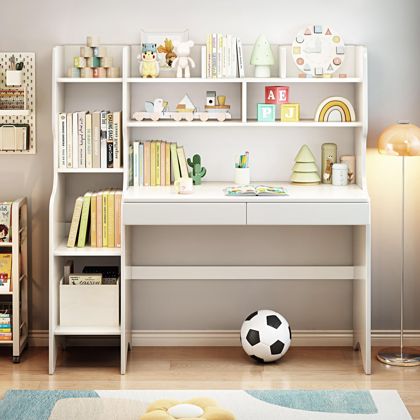 Kids Study Desk with Drawers and Bookshelf