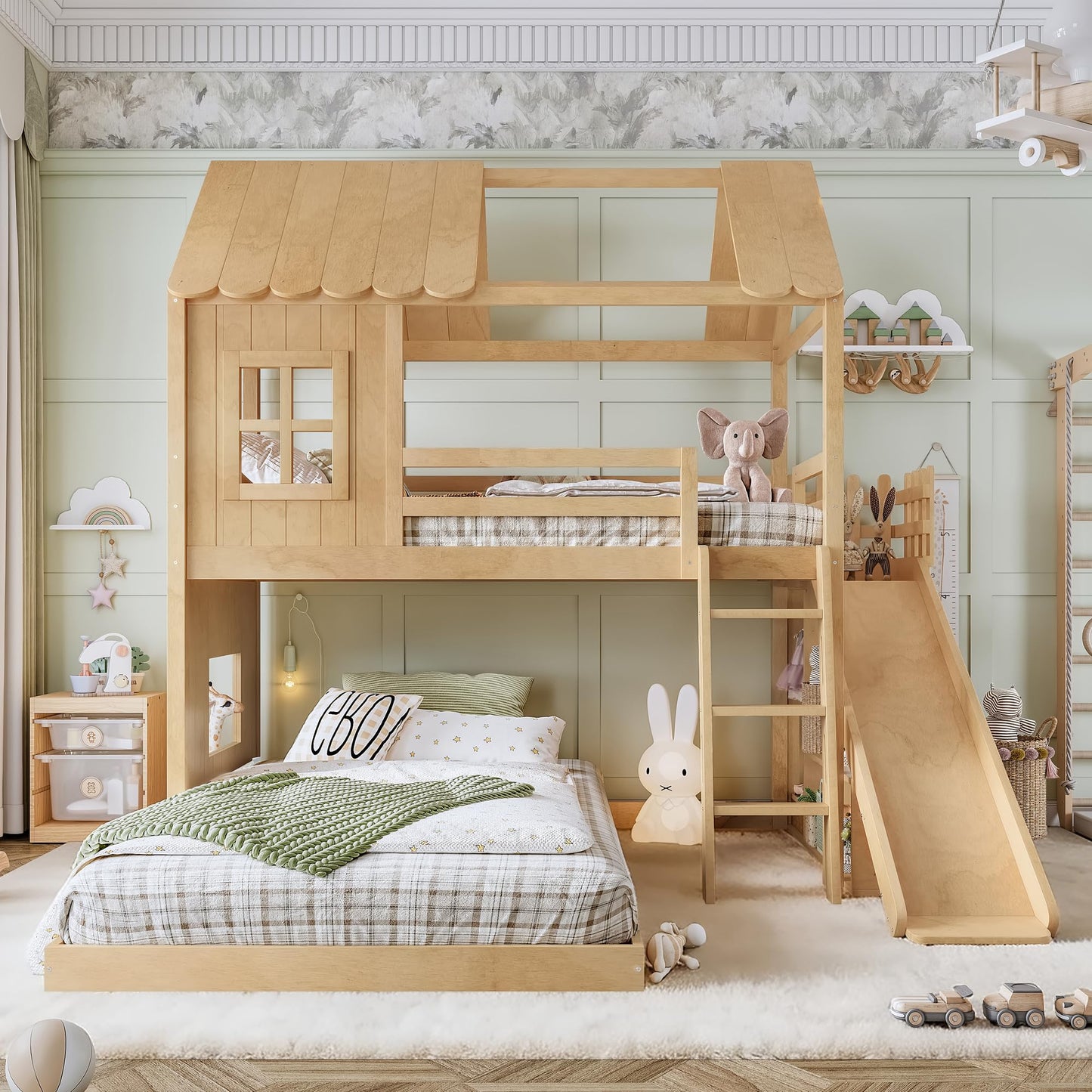 House Bunk Bed with Storage Shelves and Slide