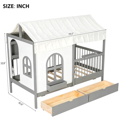 House Bed with Drawers and Bookshelf Storage