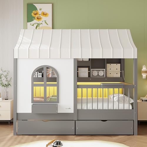 House Bed with Drawers and Bookshelf Storage