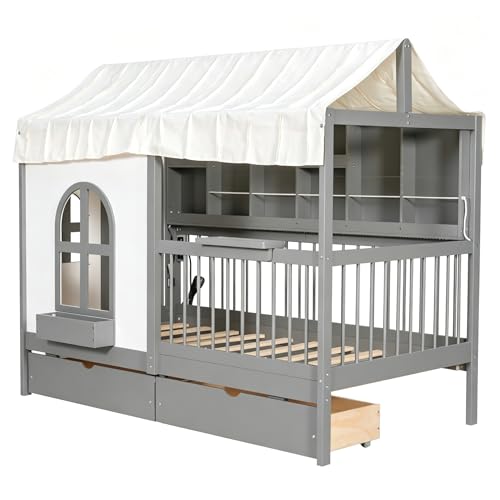 House Bed with Drawers and Bookshelf Storage