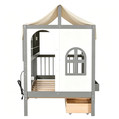 House Bed with Drawers and Bookshelf Storage