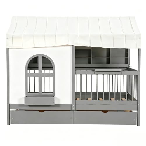 House Bed with Drawers and Bookshelf Storage