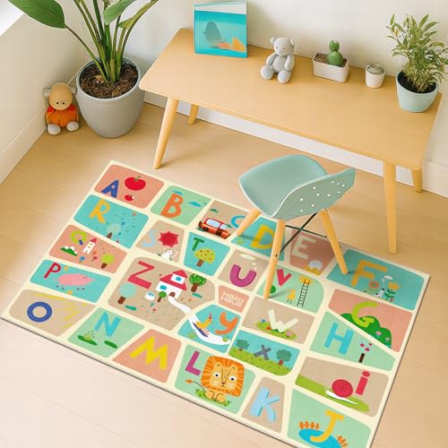 Washable Kids Play Rug with Colorful Map Design