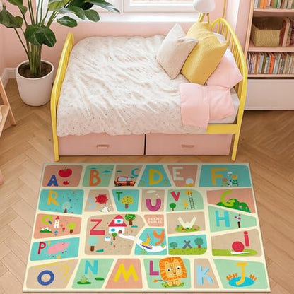Washable Kids Play Rug with Colorful Map Design
