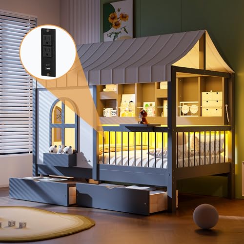 House Bed with Drawers and Bookshelf Storage