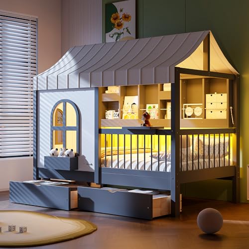 House Bed with Drawers and Bookshelf Storage