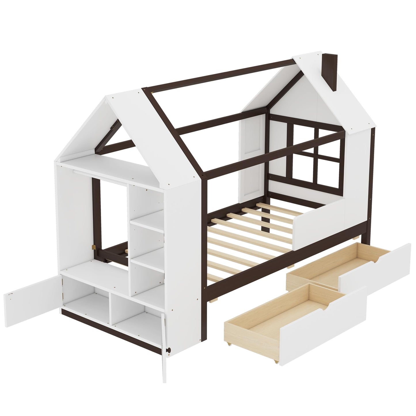 Kids House Bed Frame with Storage Shelves
