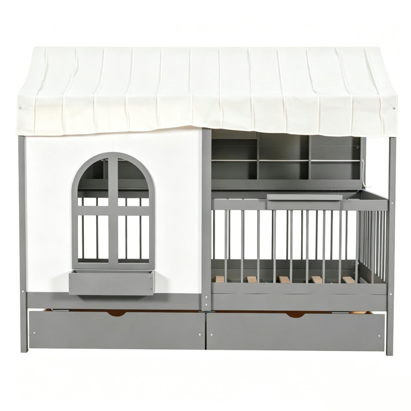 House Bed with Drawers and Bookshelf Storage