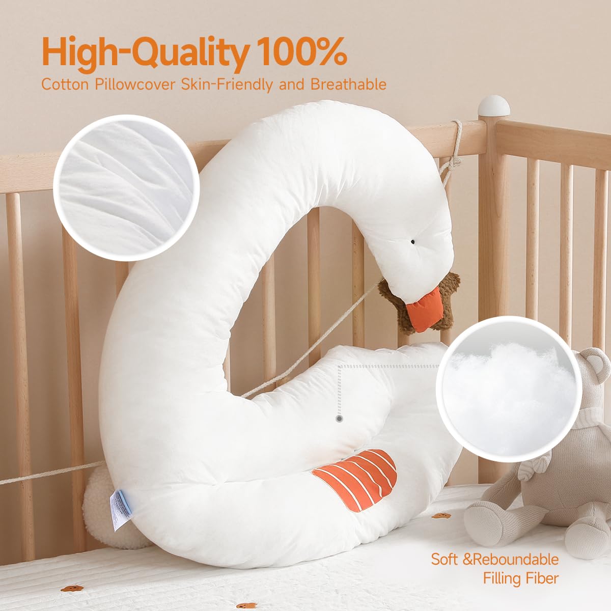 Soft Swan Body Pillow with Cotton Pillowcase