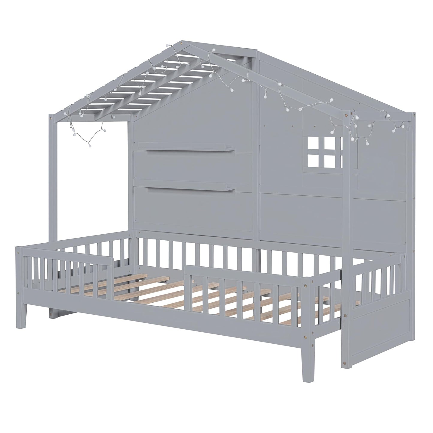 House Bed with Sofa, Storage Drawers and Shelves