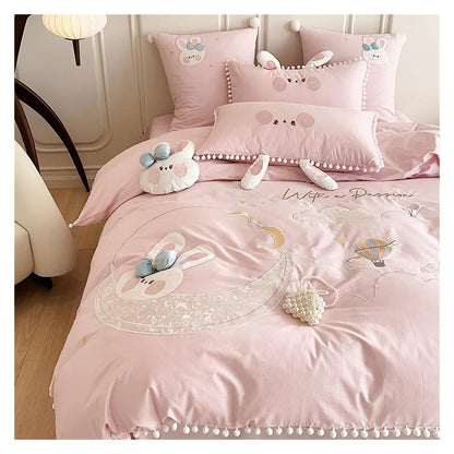 Pink Rabbit Moon Cotton Bedding Set for Kids