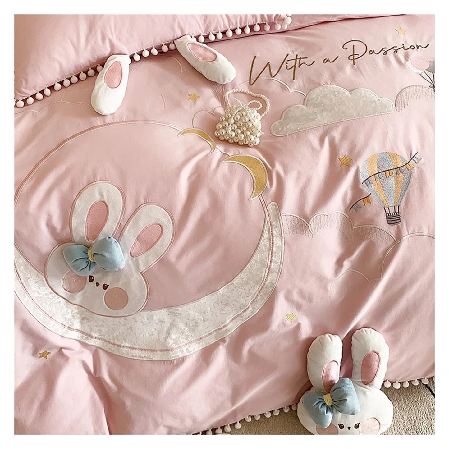 Pink Rabbit Moon Cotton Bedding Set for Kids