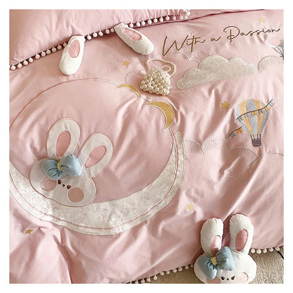 Pink Rabbit Moon Cotton Bedding Set for Kids