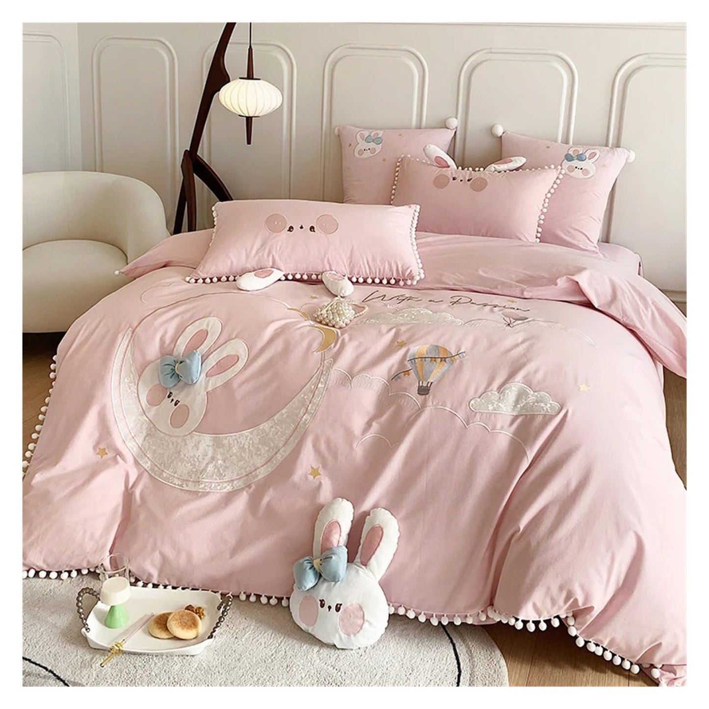 Pink Rabbit Moon Cotton Bedding Set for Kids