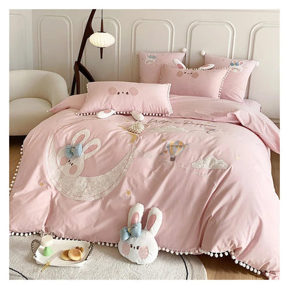 Pink Rabbit Moon Cotton Bedding Set for Kids