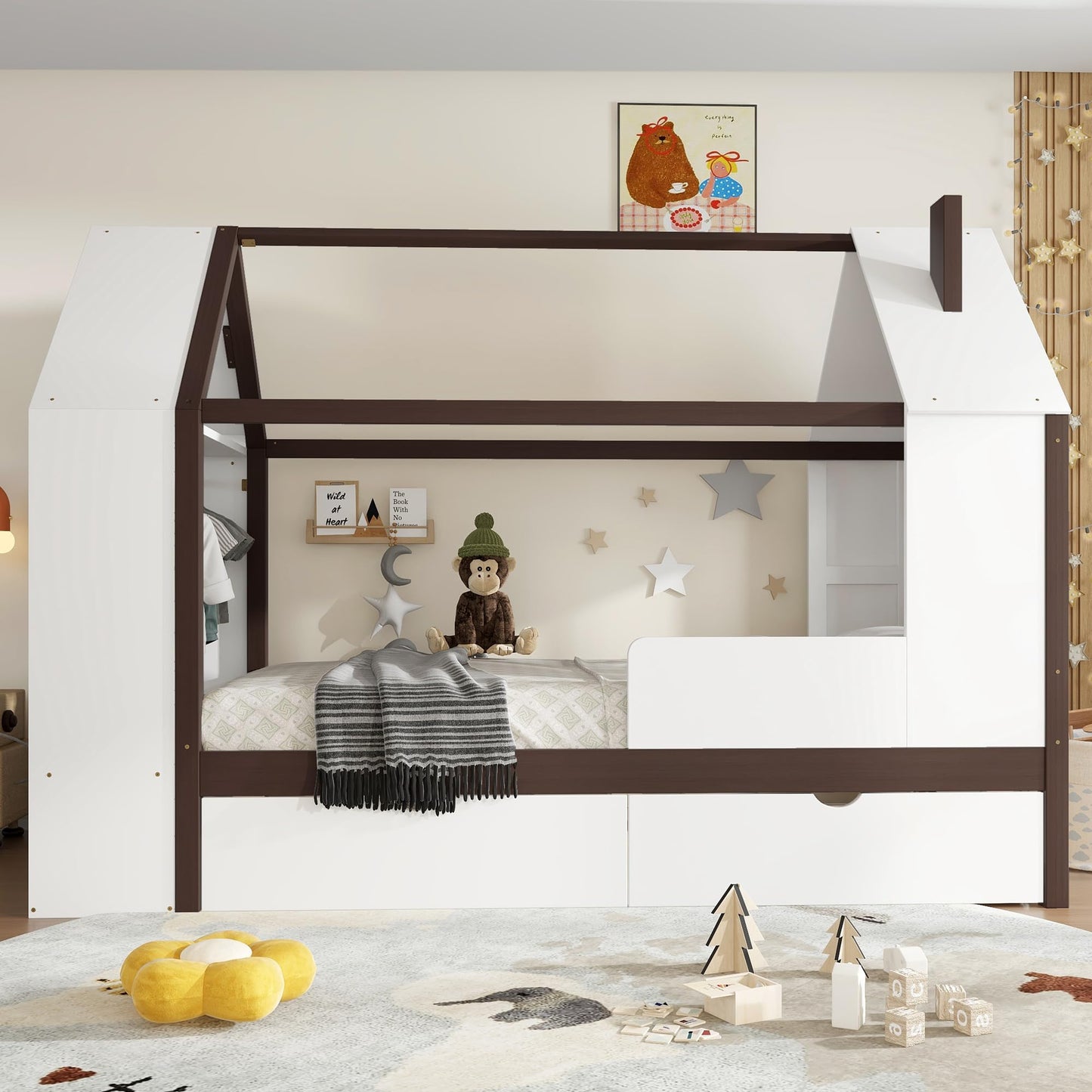 Kids House Bed Frame with Storage Shelves