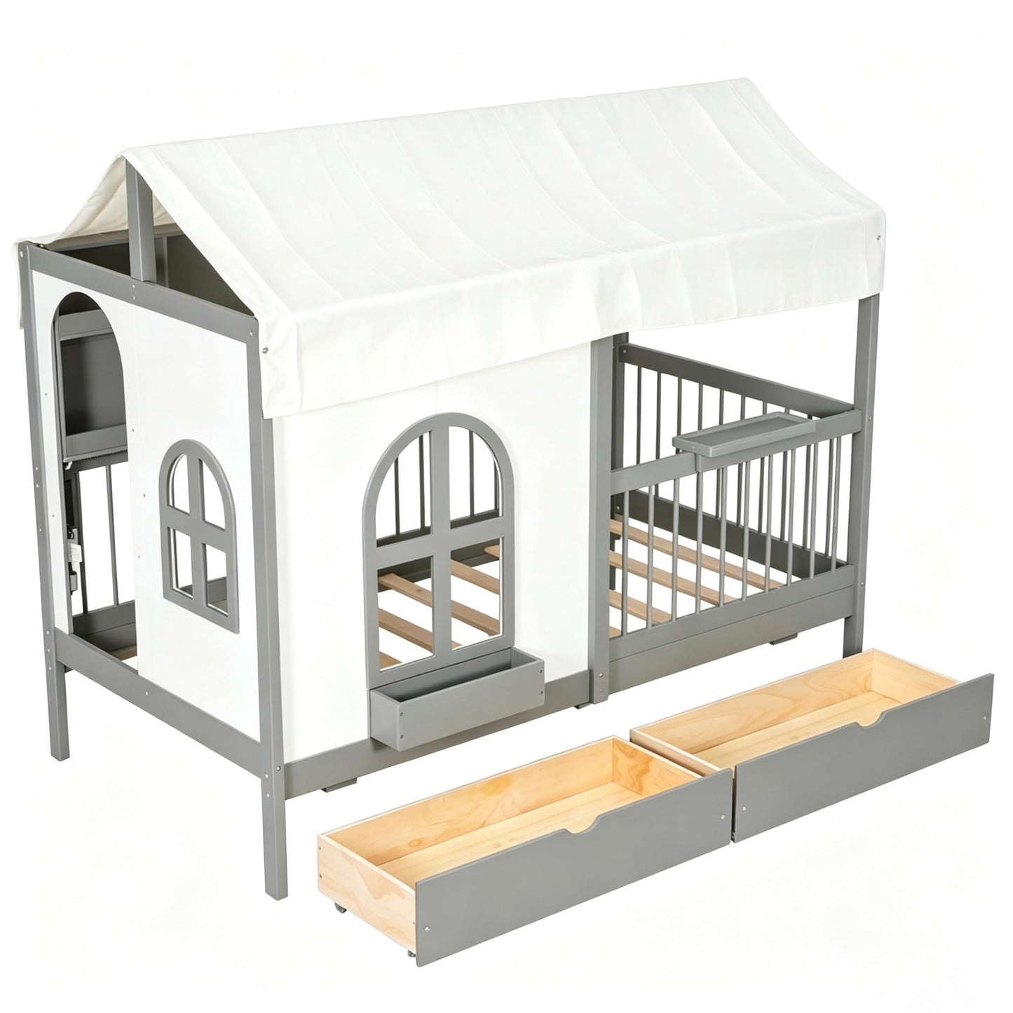House Bed with Drawers and Bookshelf Storage