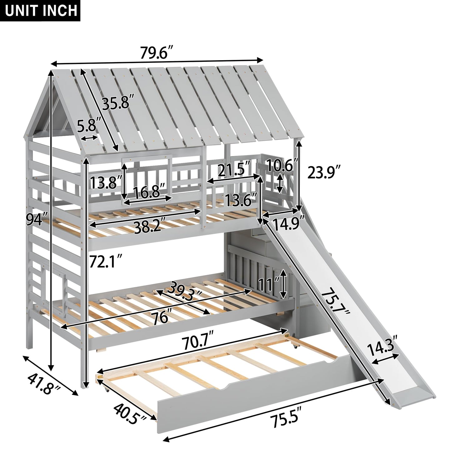 Twin House Bunk Bed with Stairs and Slide