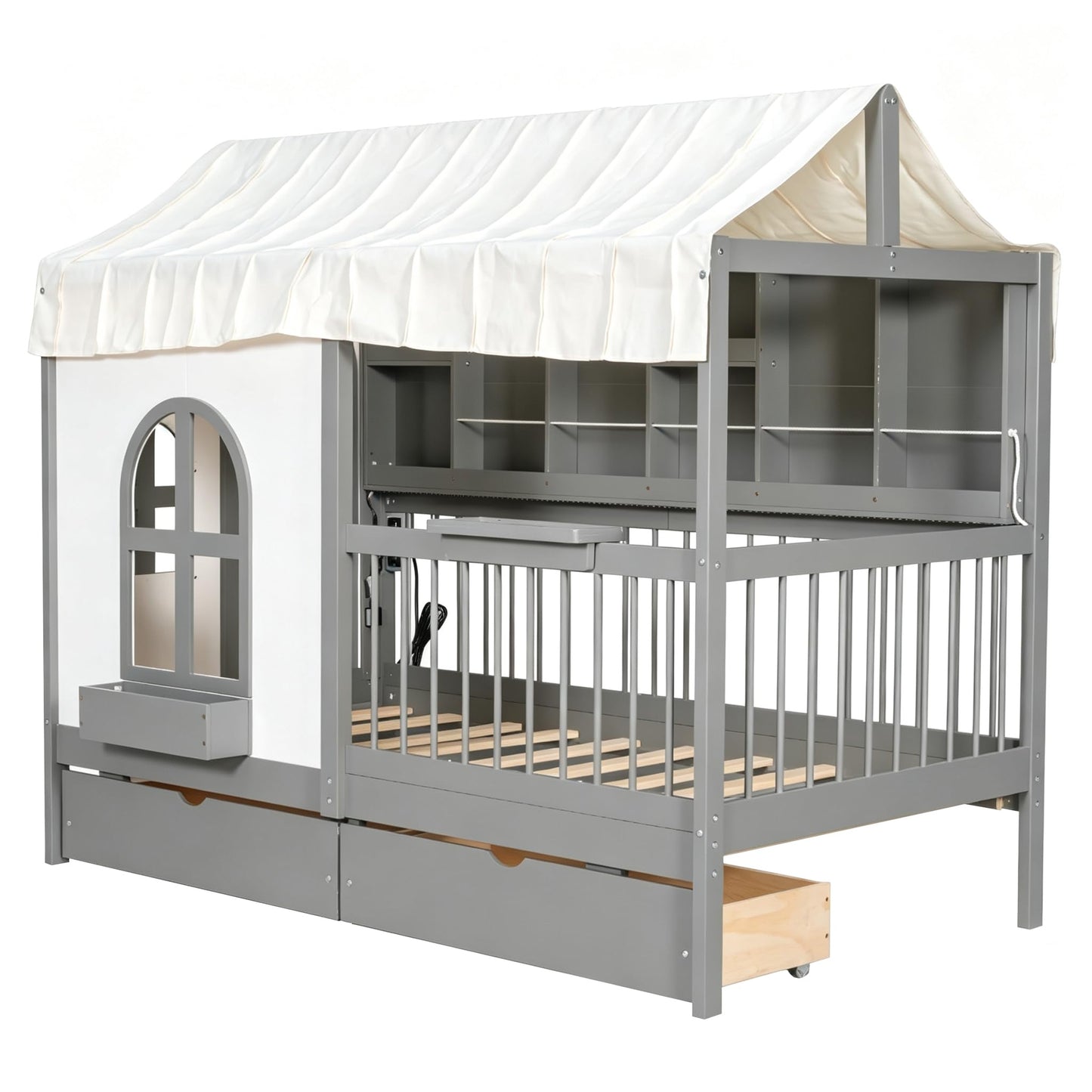 House Bed with Drawers and Bookshelf Storage