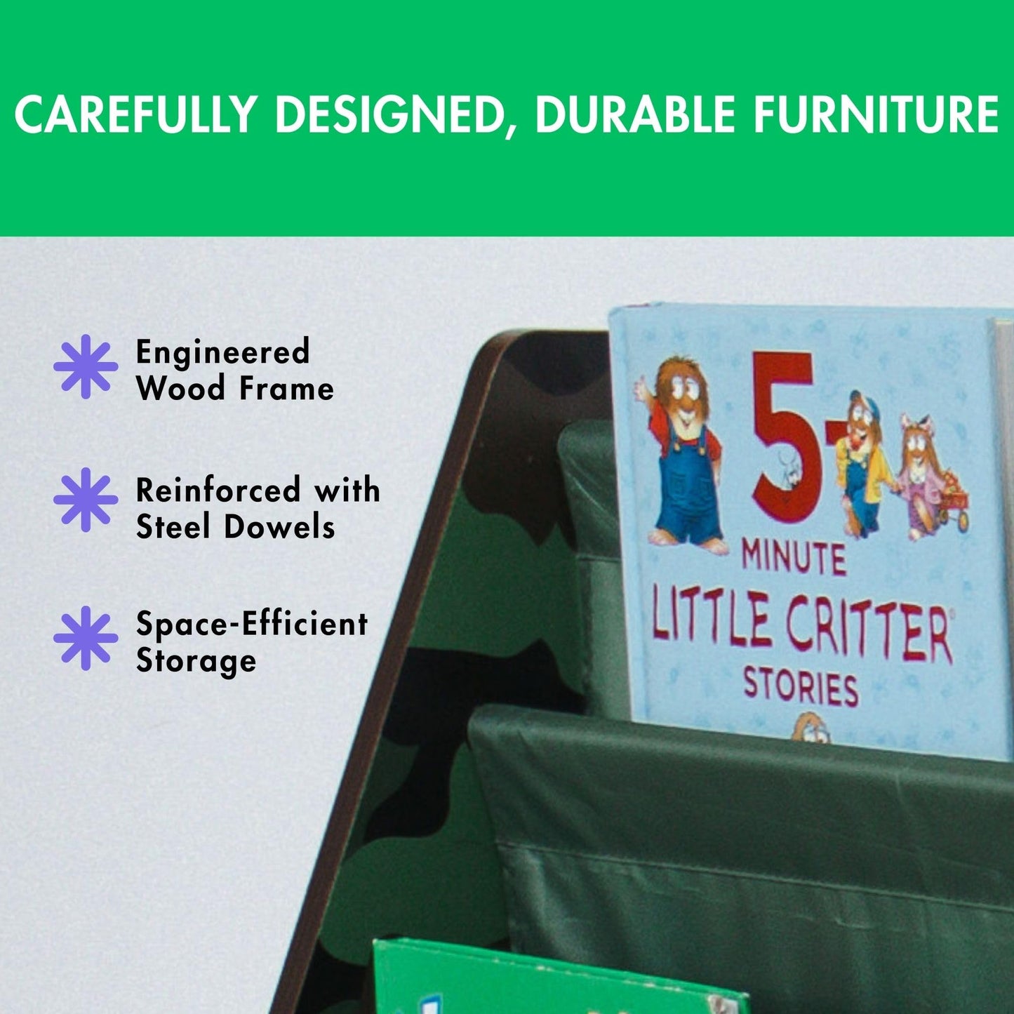 4-Tier Kids Bookshelf with Deep Sling Pockets