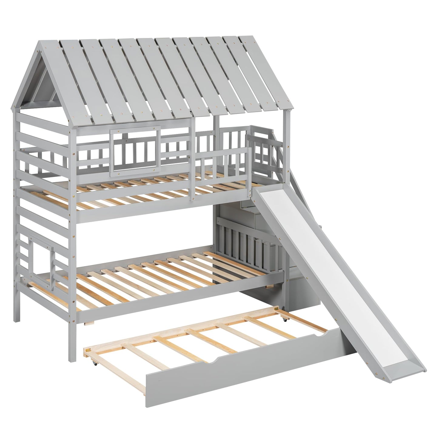 Twin House Bunk Bed with Stairs and Slide