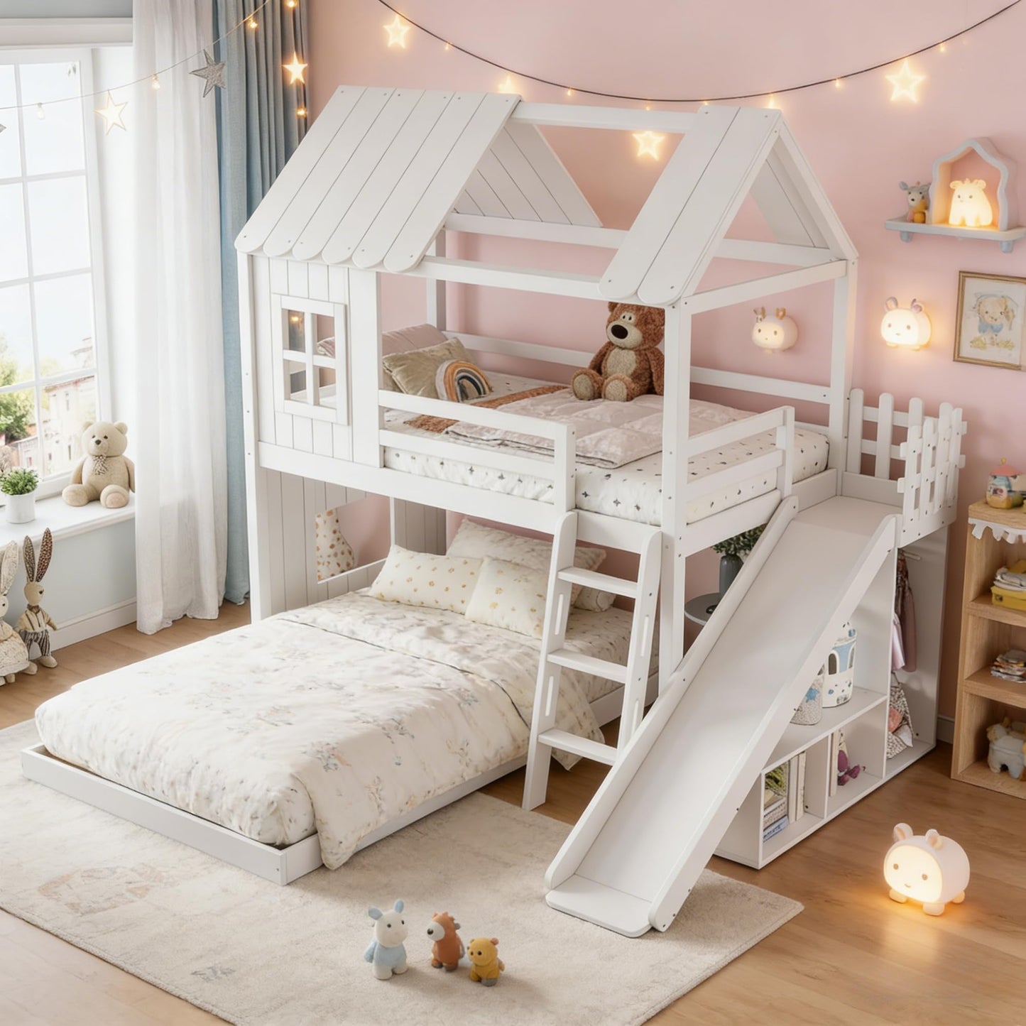 Low House Bunk Bed with Bookshelf Storage