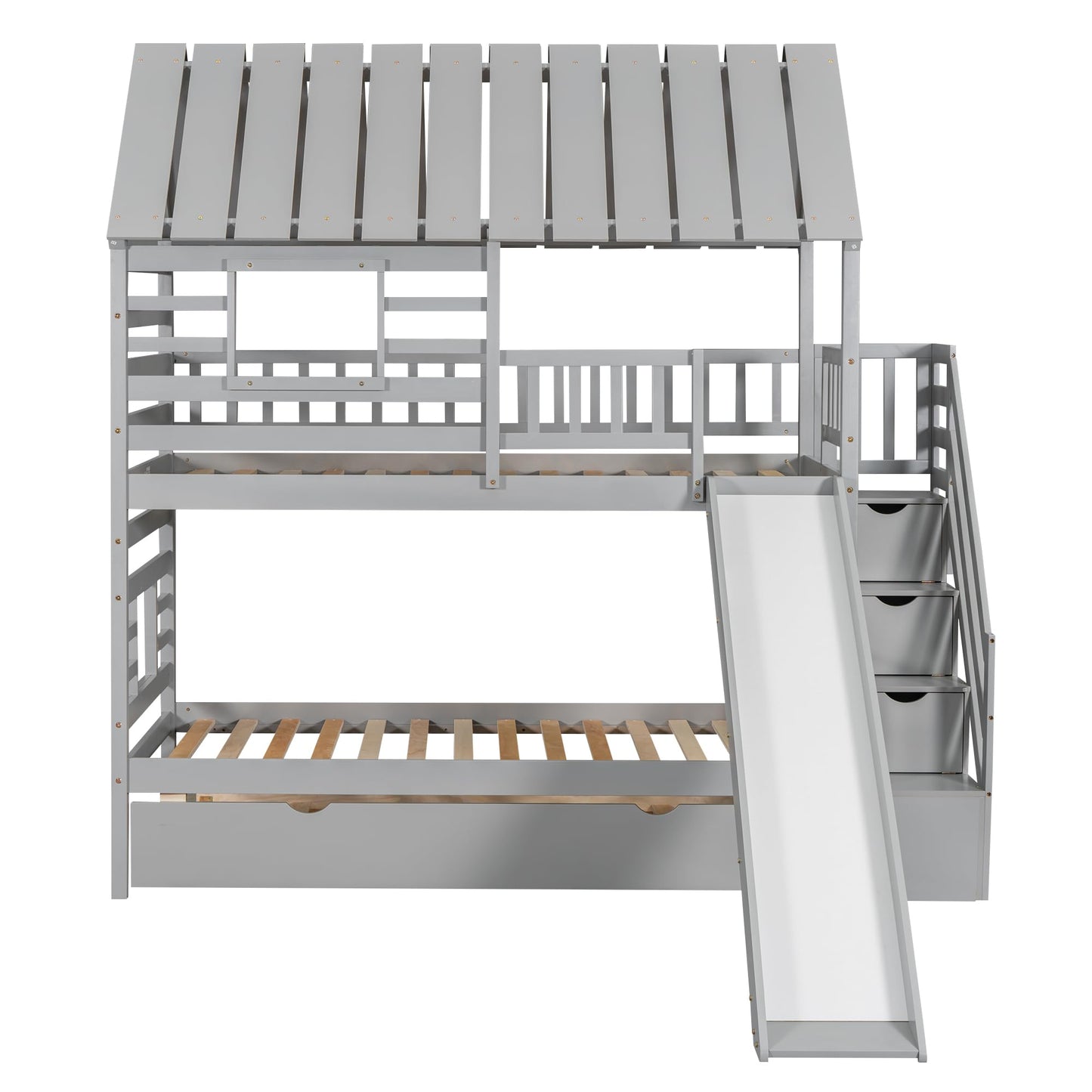 Twin House Bunk Bed with Stairs and Slide