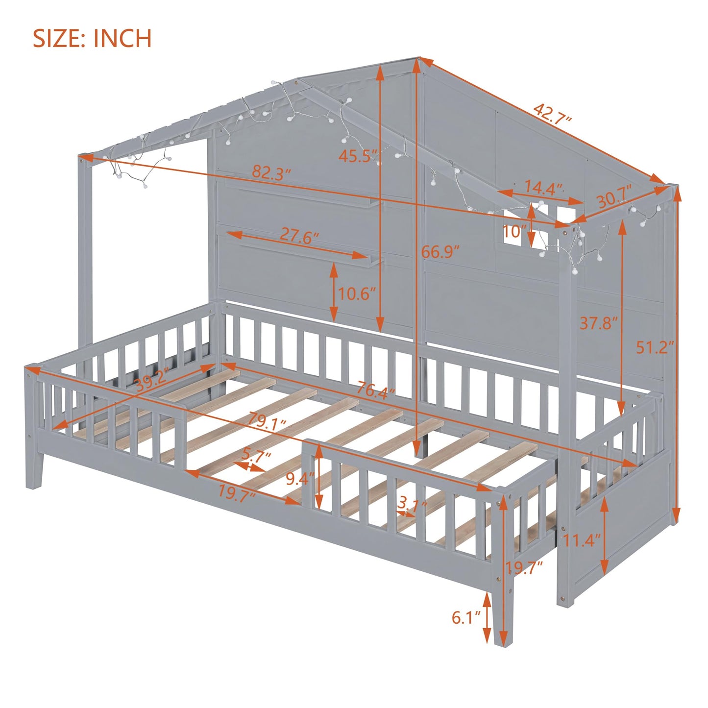 House Bed with Sofa, Storage Drawers and Shelves