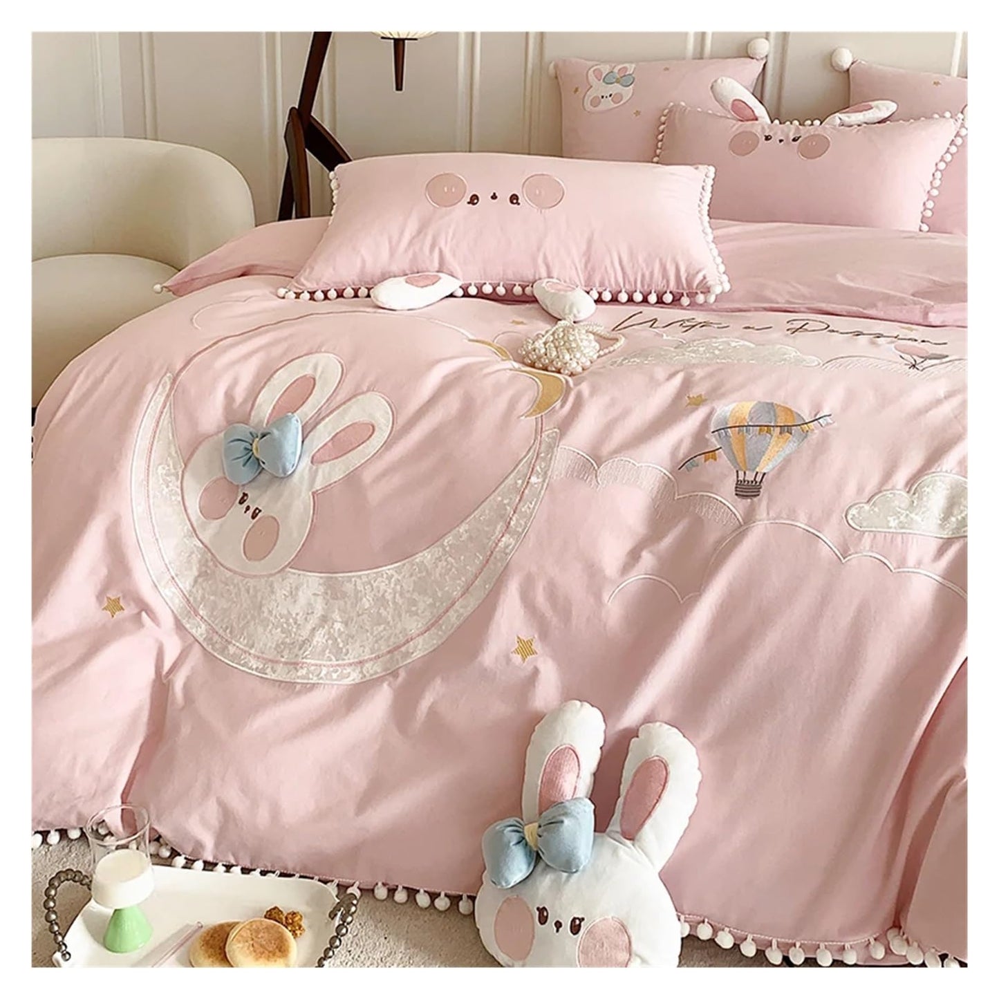 Pink Rabbit Moon Cotton Bedding Set for Kids