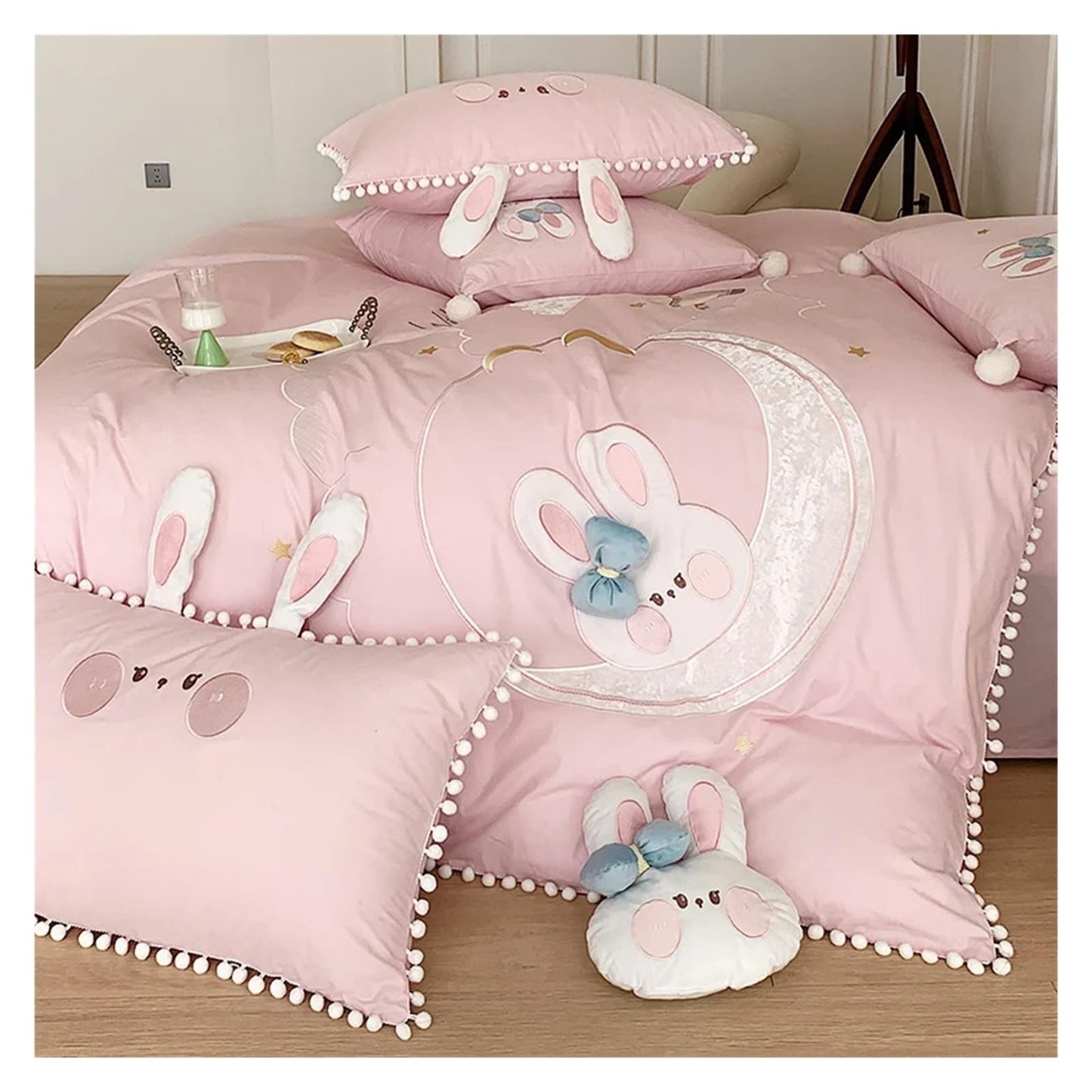 Pink Rabbit Moon Cotton Bedding Set for Kids
