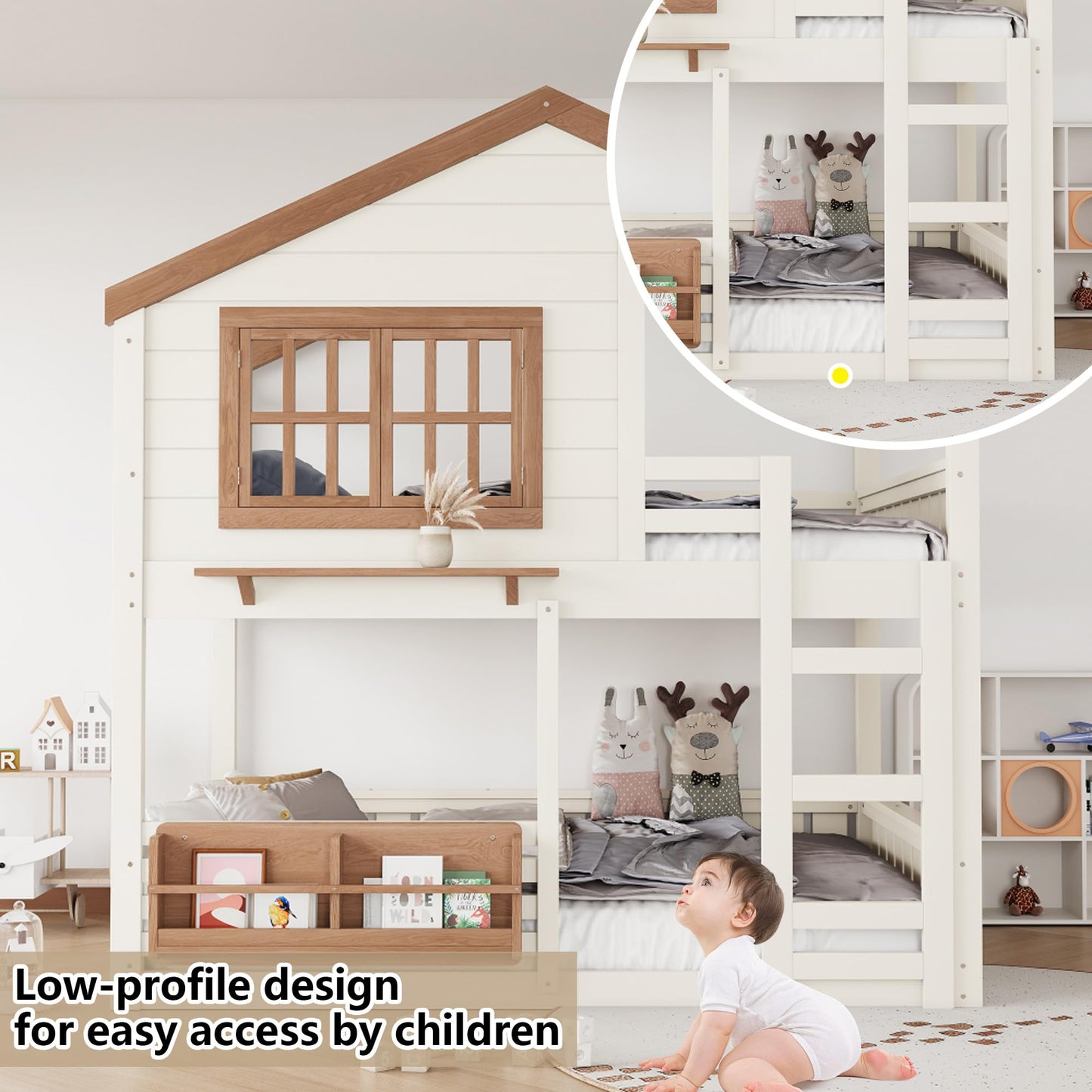 Low House Bunk Bed with Bookshelf Storage