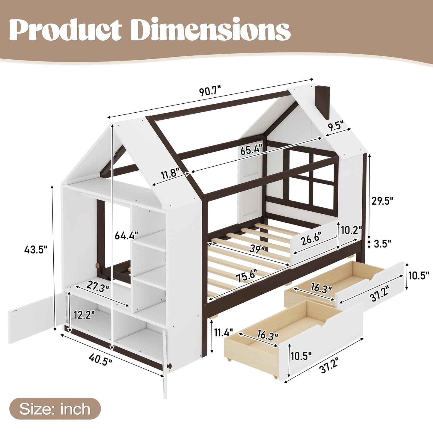 Kids House Bed Frame with Storage Shelves