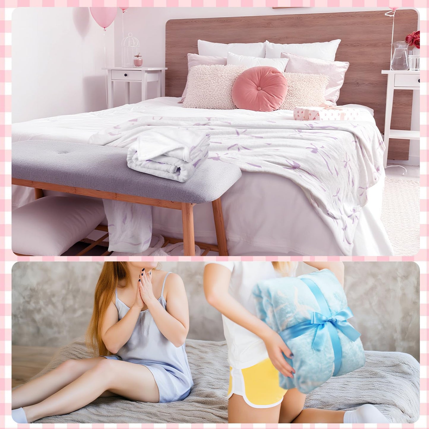 Pink Flannel Throw Blanket Set for Sleepovers