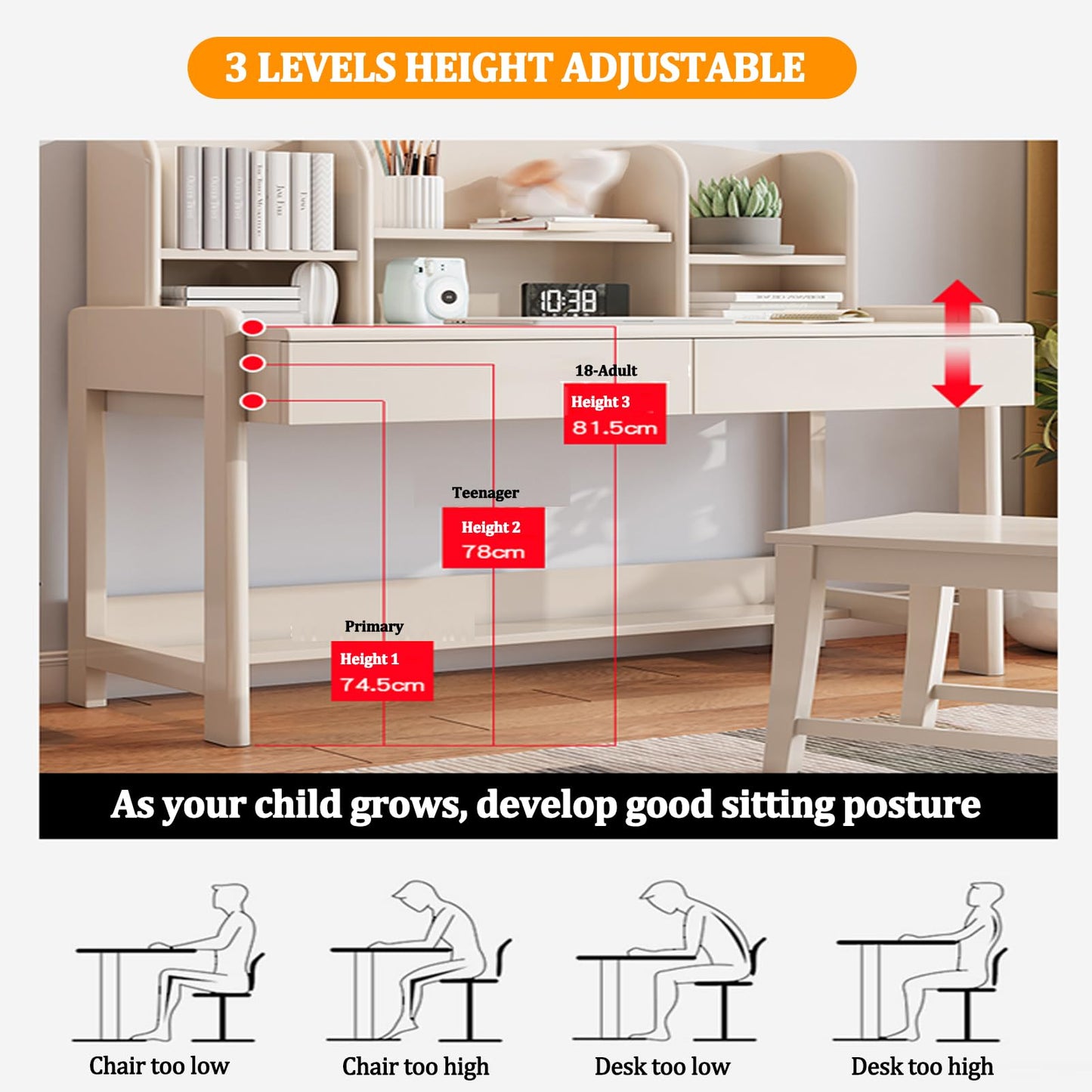 Solid Wood Kids Study Desk with Hutch & Drawer
