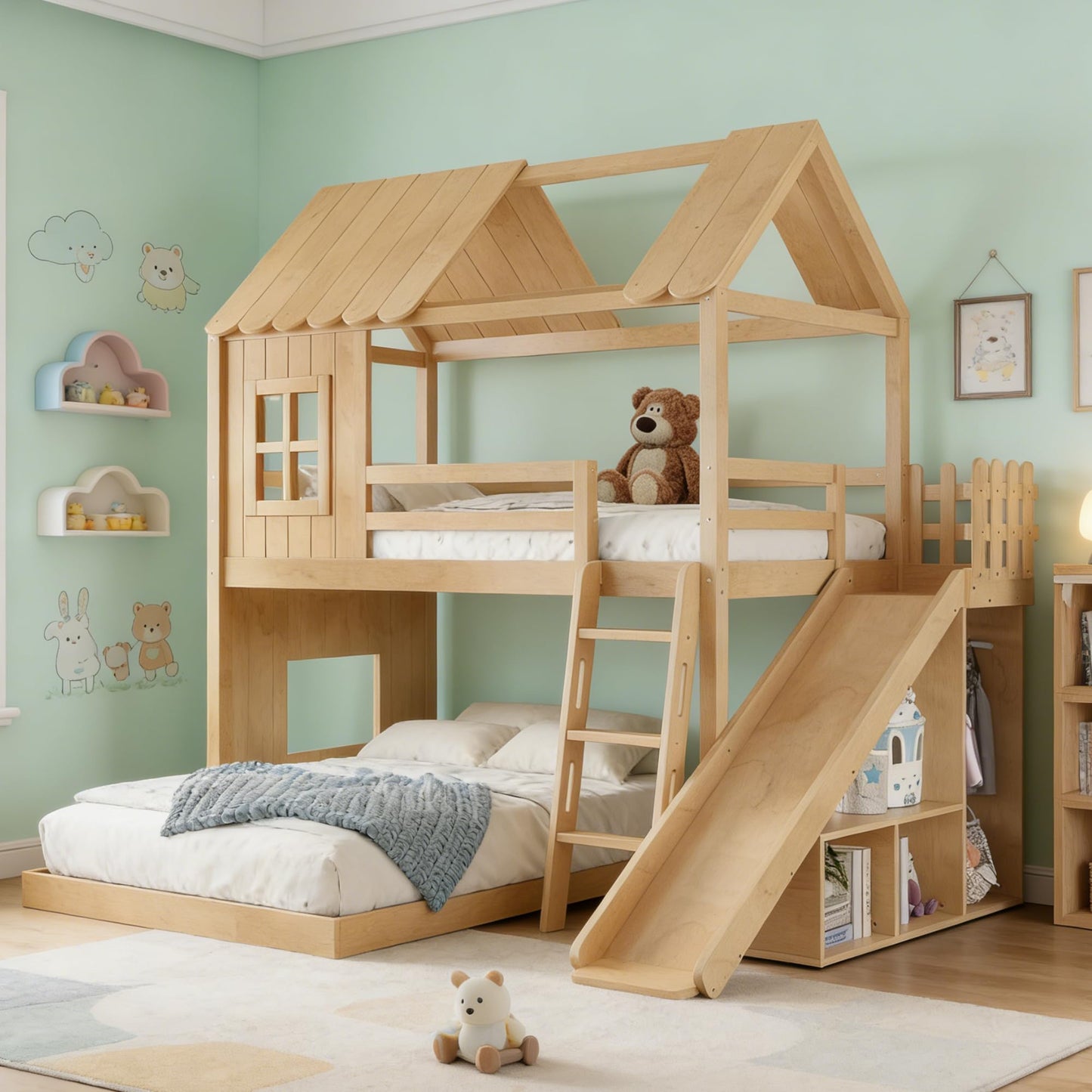 Low House Bunk Bed with Bookshelf Storage