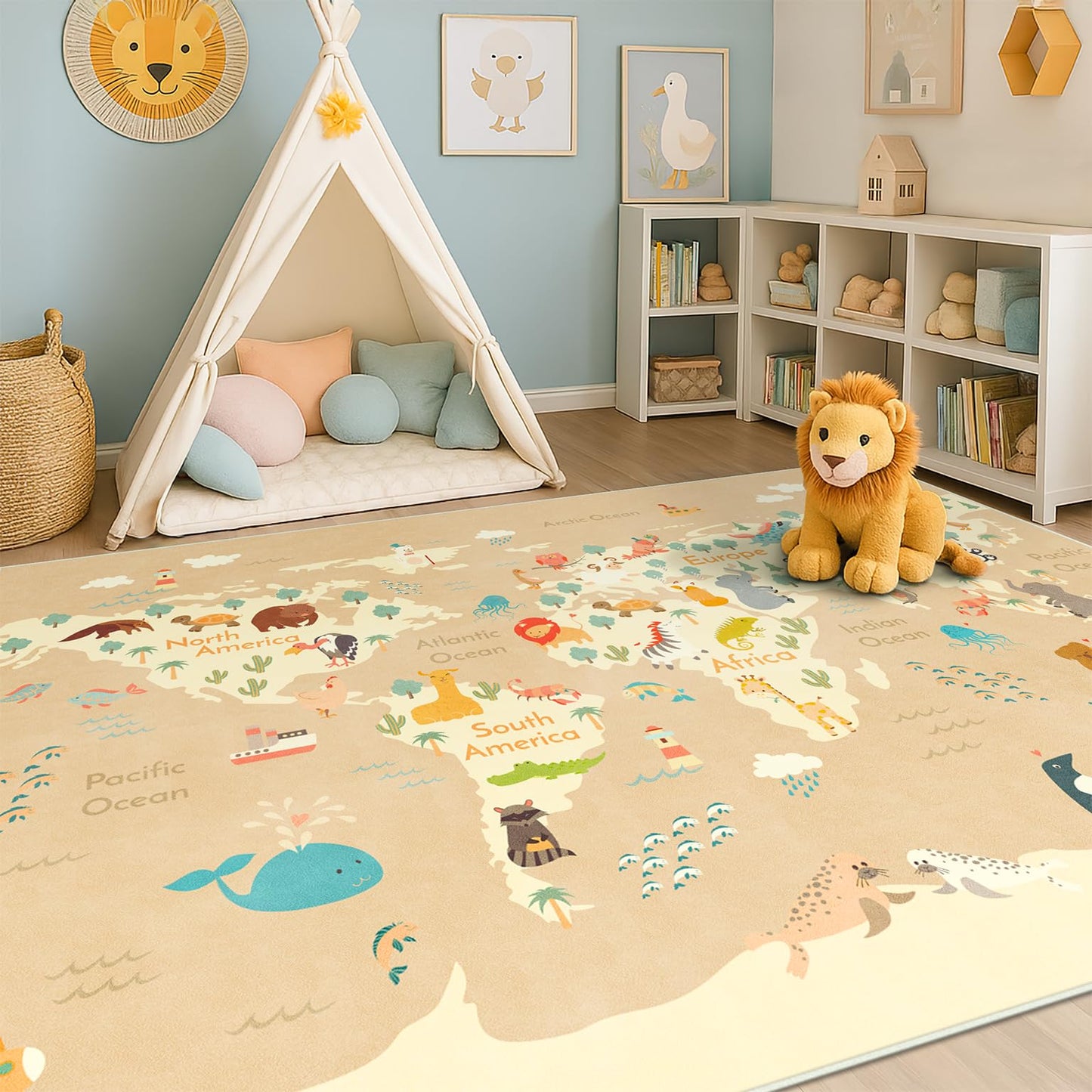 Washable Kids Play Rug with Colorful Map Design