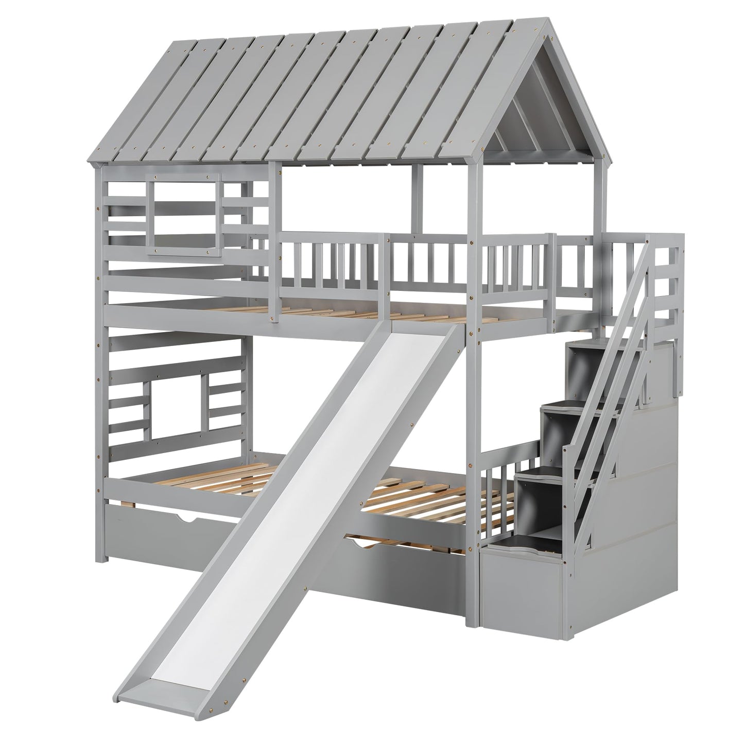 Twin House Bunk Bed with Stairs and Slide