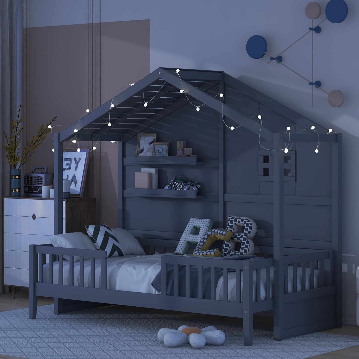 House Bed with Sofa, Storage Drawers and Shelves