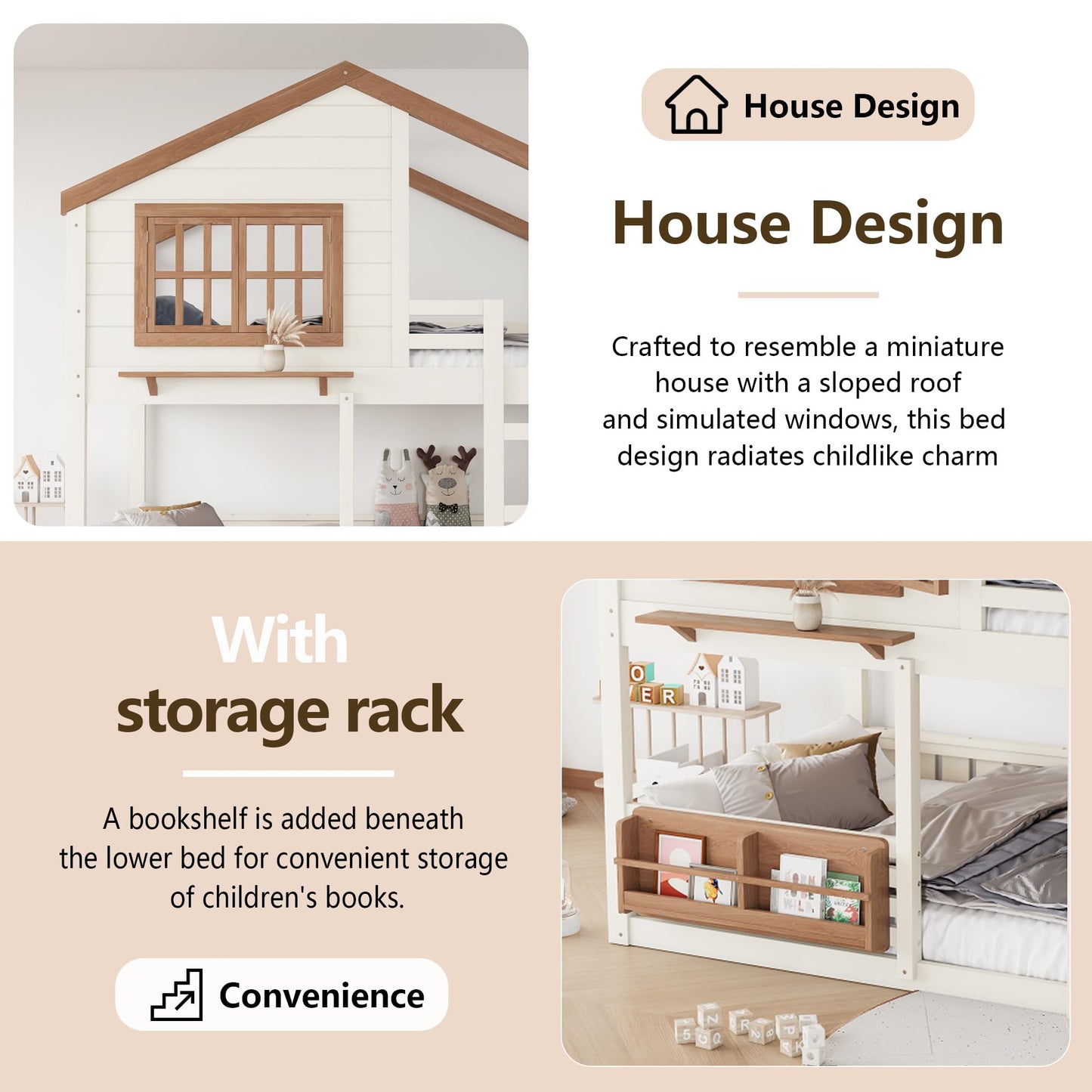 Low House Bunk Bed with Bookshelf Storage