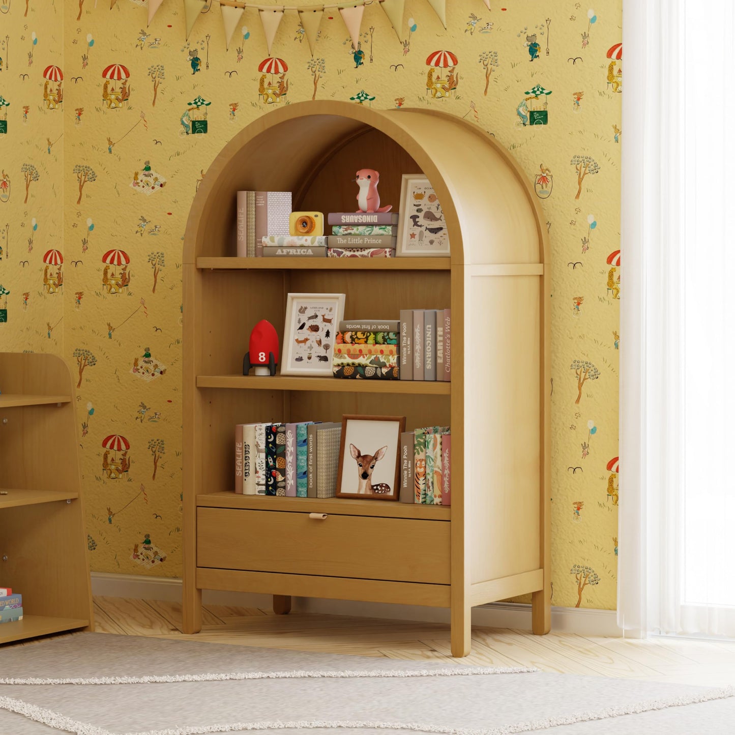 Wooden Bookcase with Drawer and Adjustable Shelf