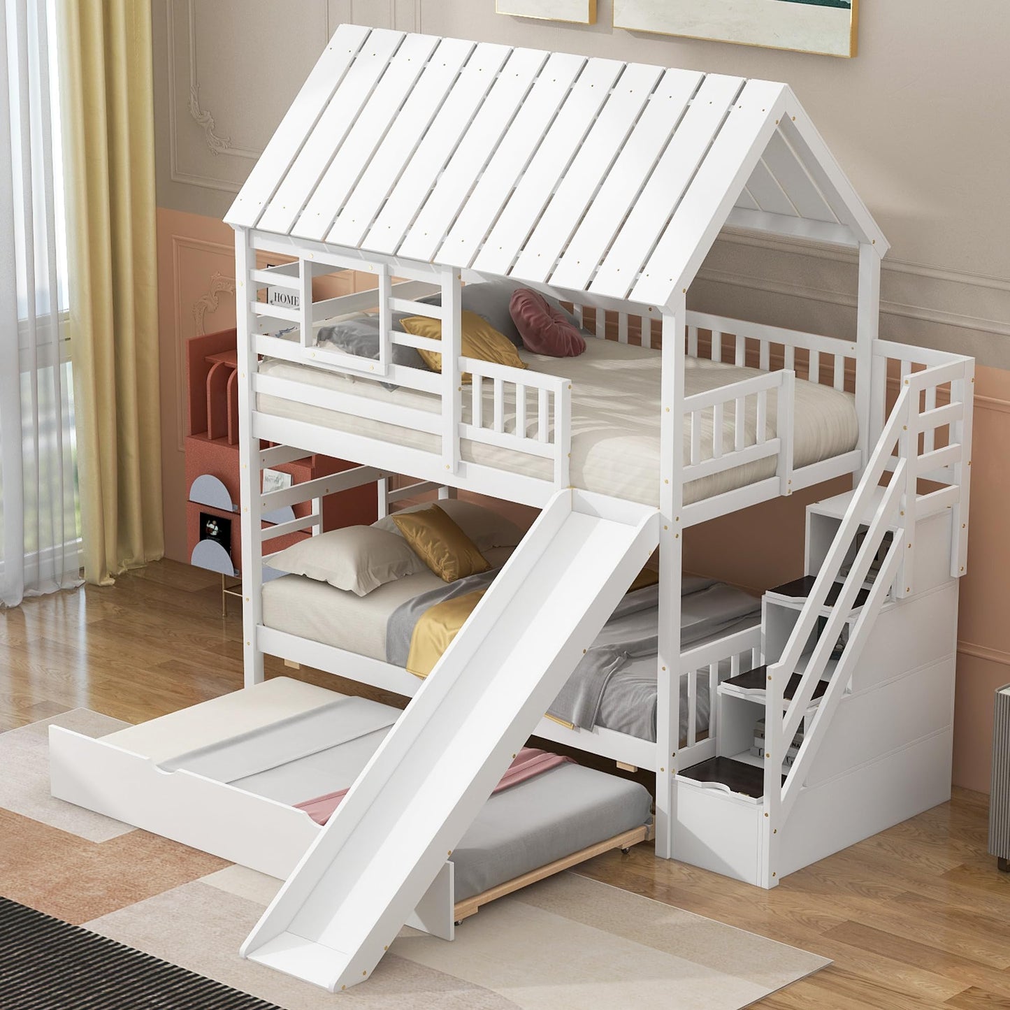 Twin House Bunk Bed with Stairs and Slide