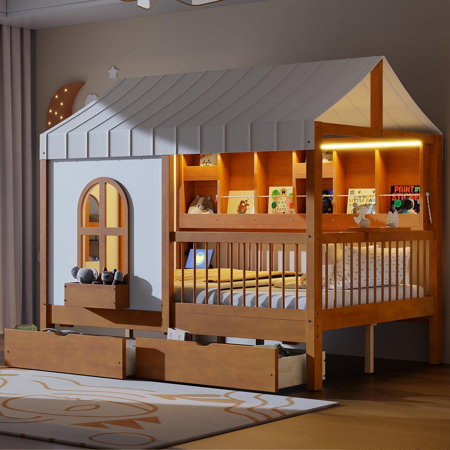 House Bed with Drawers and Bookshelf Storage