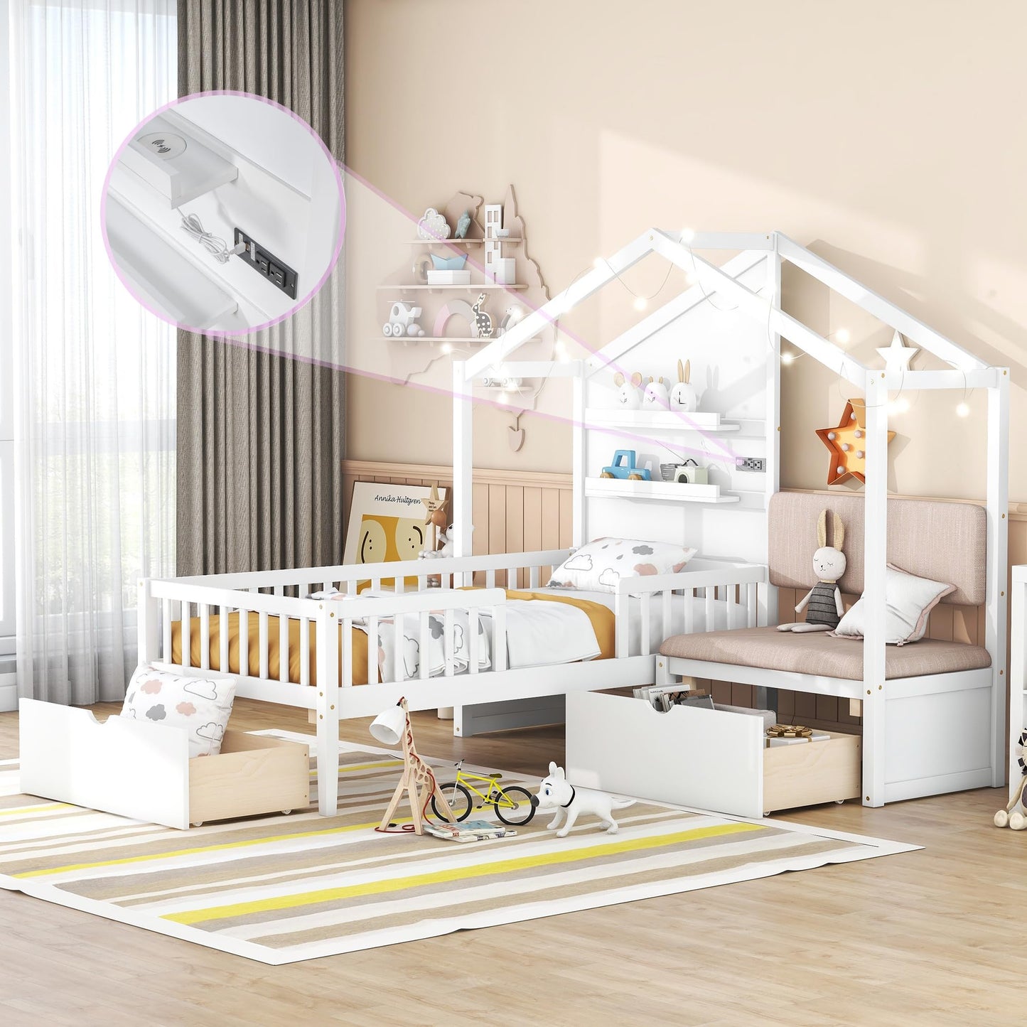 House Bed with Sofa, Storage Drawers and Shelves
