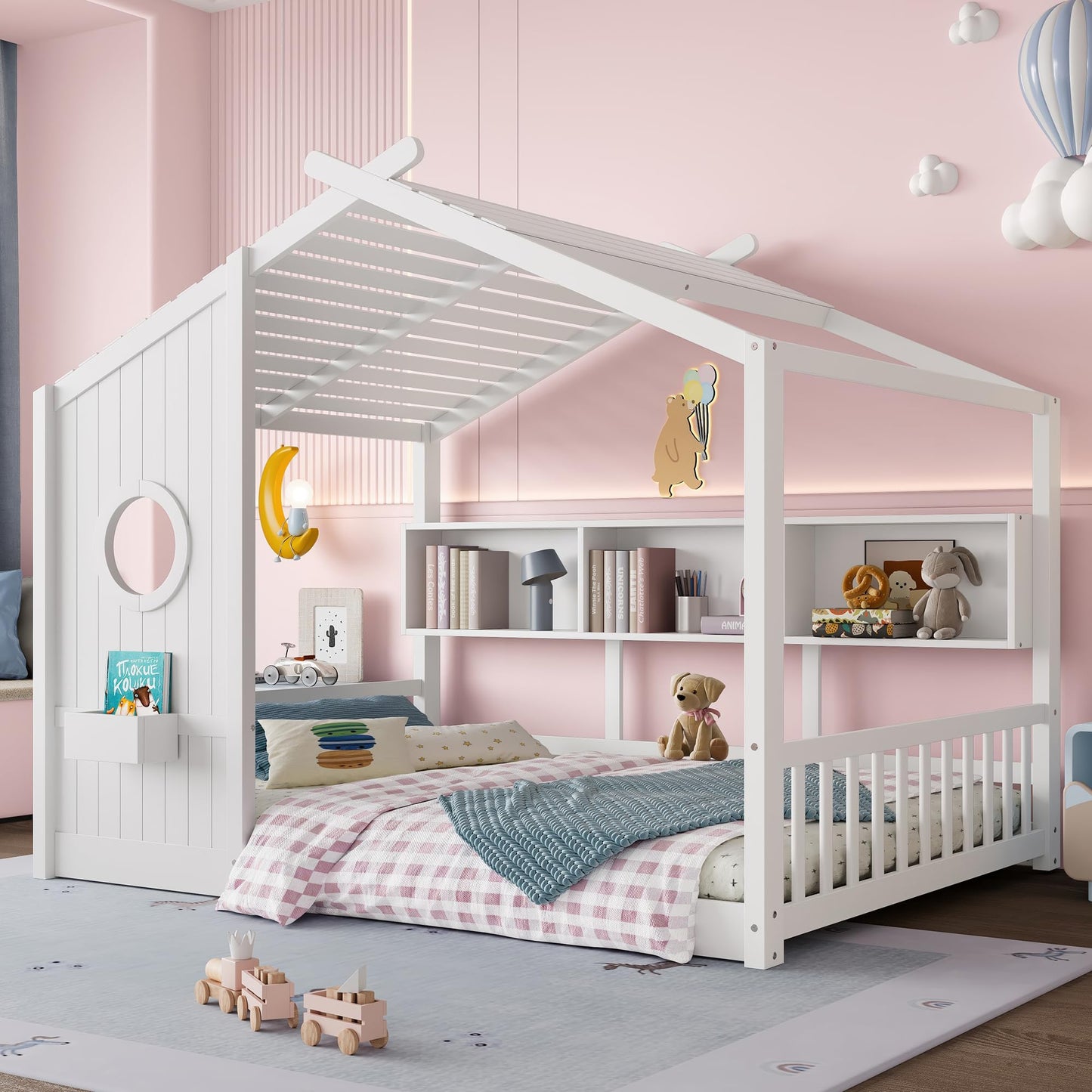 Kids House Bed Frame with Storage Shelves