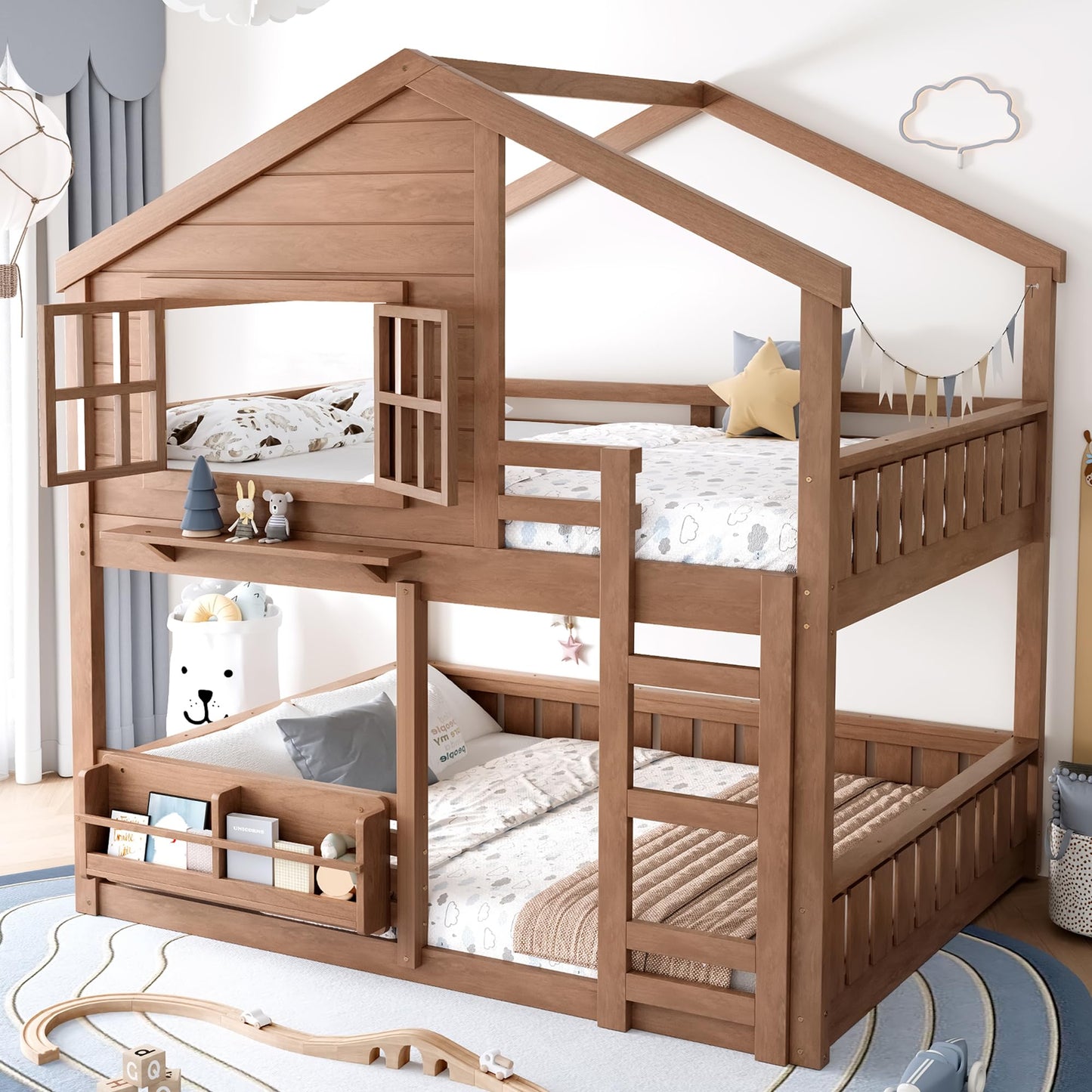 Low House Bunk Bed with Bookshelf Storage