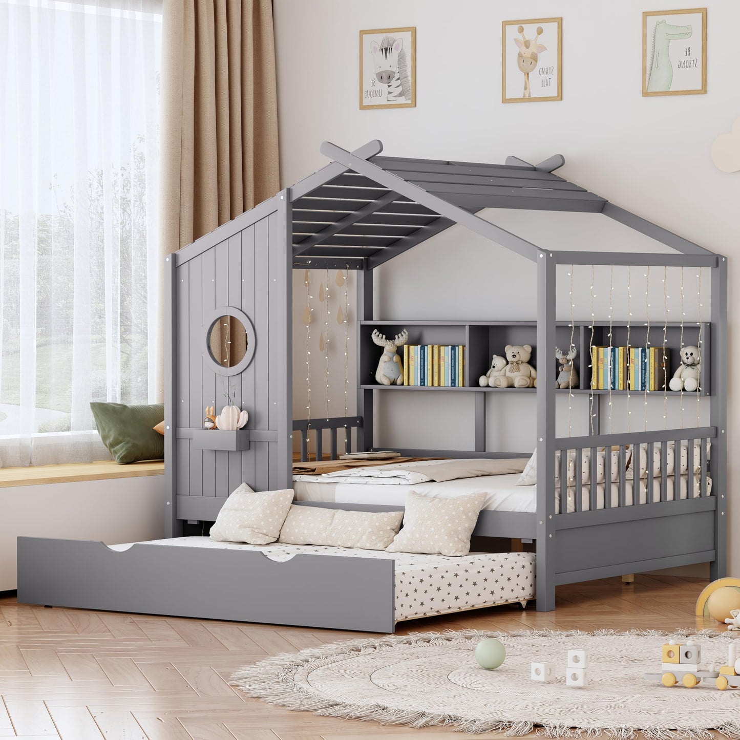 Kids House Bed Frame with Storage Shelves