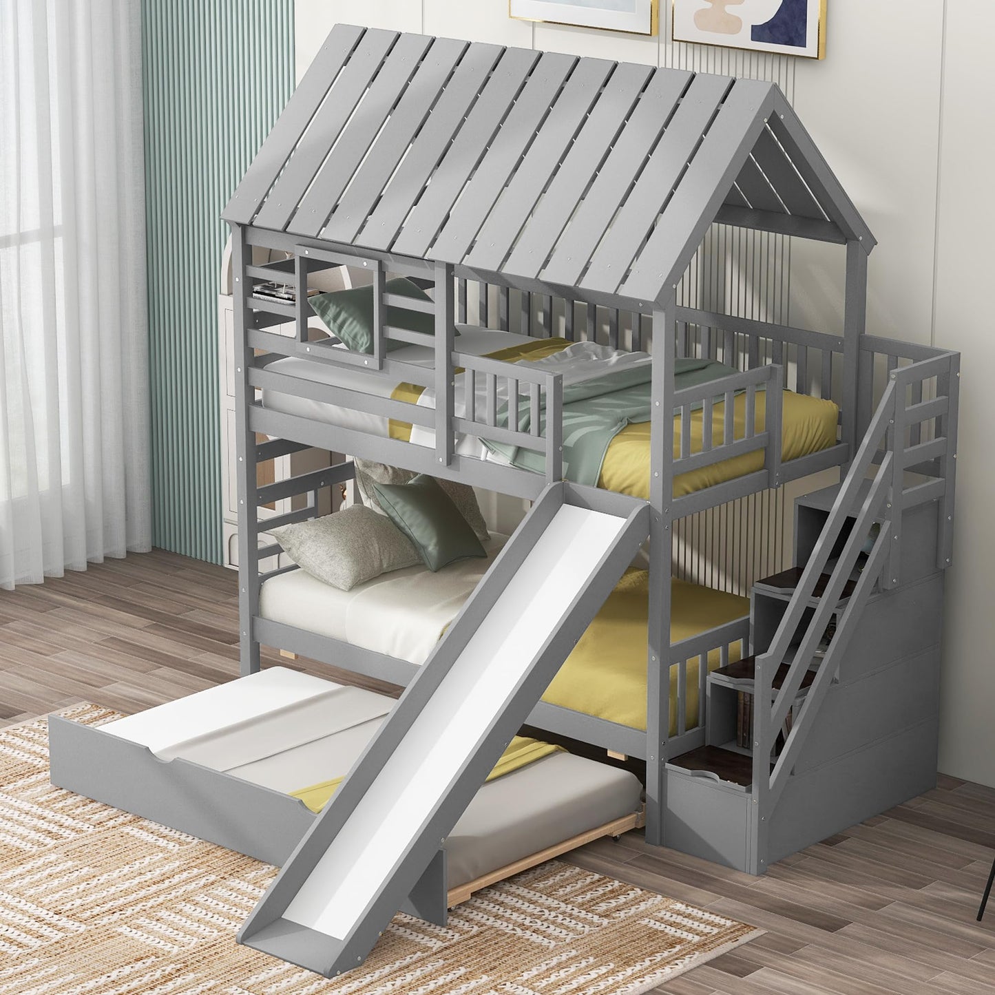 Twin House Bunk Bed with Stairs and Slide