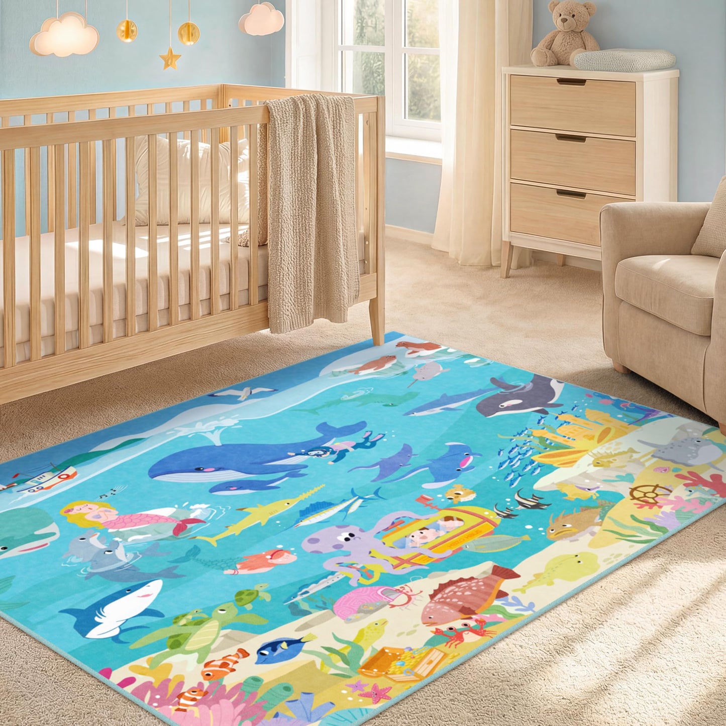 Washable Kids Play Rug with Colorful Map Design